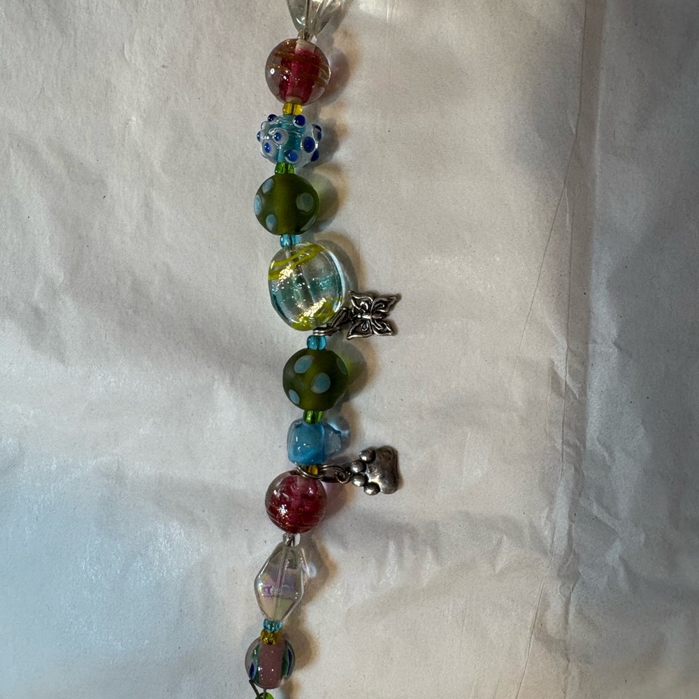 Sterling and Glass Colorful Beaded Charm Bracelet, butterfly and dog paw